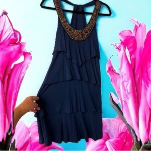 Apt 9 Navy Layered Dress w/Wooden & Metallic Bronze Bead Embellishment